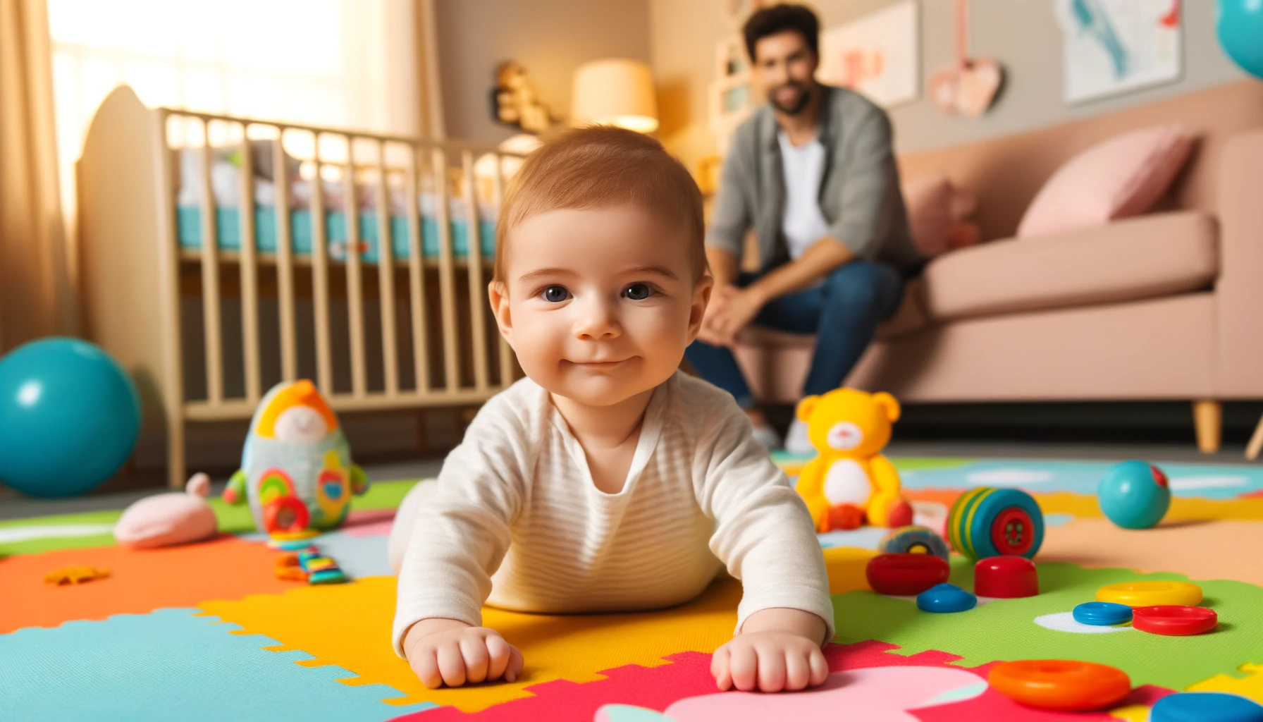 The baby is happily engaged on a colorful playmat with toys, practicing crawling, while a parent watches attentively in a cozy nursery.