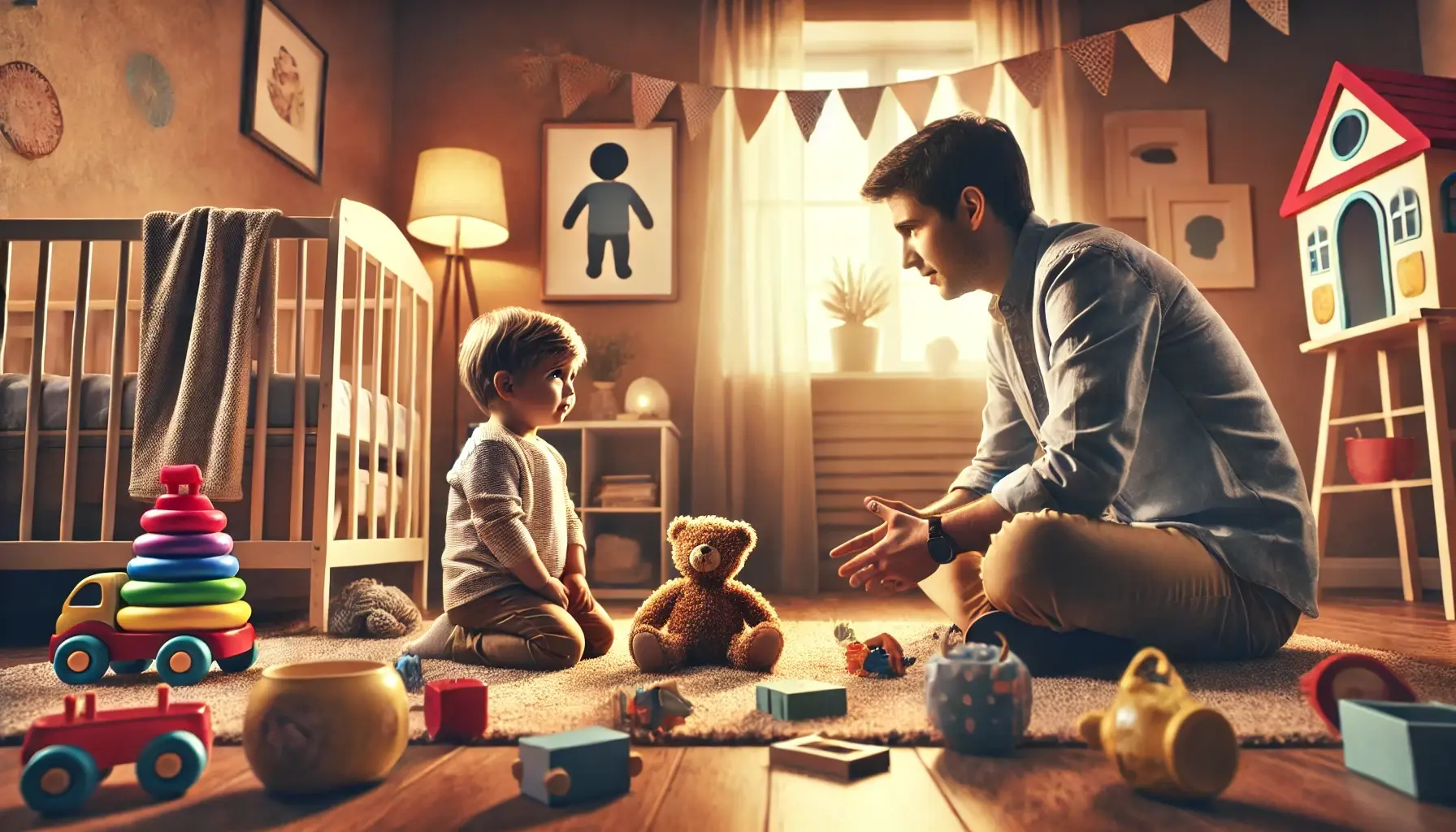 child and father playing in a room